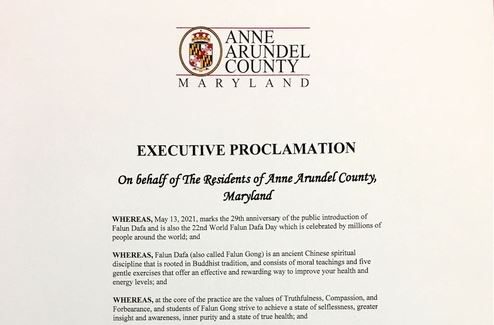 Image for article Maryland: L'esecutivo della contea di Anne Arundel MD proclama il 13 maggio la Giornata della Falun Dafa 