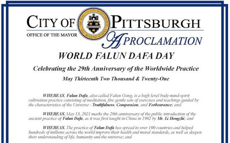 Image for article  Pittsburgh, Pennsylvania: Il sindaco proclama il 13 maggio come Giornata Mondiale della Falun Dafa 