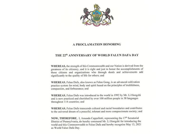Image for article Pennsylvania, U.S.A.: La senatrice emette un proclama per onorare la Giornata mondiale della Falun Dafa 