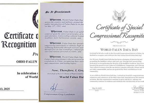 Image for article Ohio, Stati Uniti: Membri del Congresso commemorano la Giornata Mondiale della Falun Dafa