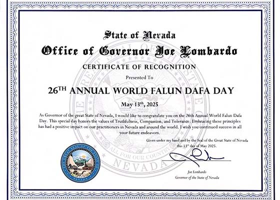 Image for article Nevada, USA: Il Governatore e il Vicegovernatore hanno rilasciato attestati di riconoscimento in occasione della Giornata Mondiale della Falun Dafa