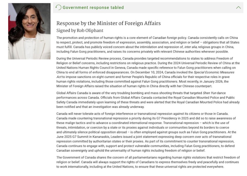 Image for article Global Affairs Canada è a conoscenza delle minacce rivolte a Shen Yun e non tollererà alcuna forma di repressione transnazionale