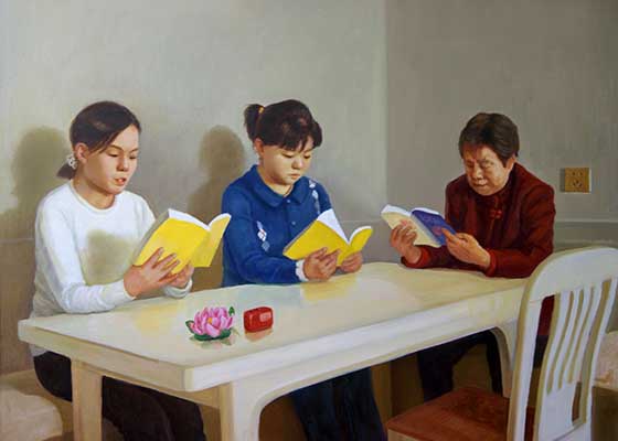 Image for article [Celebrazione della Giornata Mondiale della Falun Dafa] Dipinto ad olio: Tre generazioni di una famiglia praticano la Falun Dafa