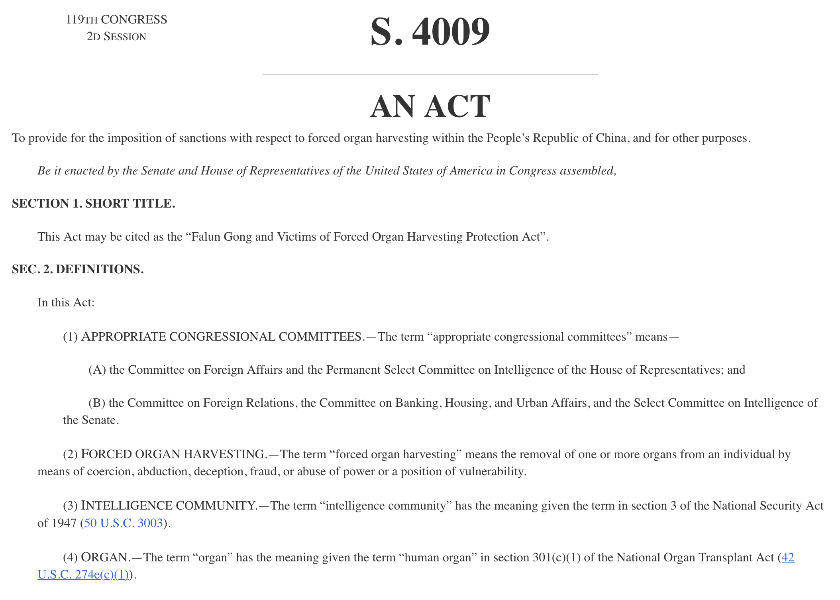 Image for article Il Senato degli Stati Uniti approva la legge S.4009: Legge sulla protezione del Falun Gong e delle vittime del prelievo forzato di organi